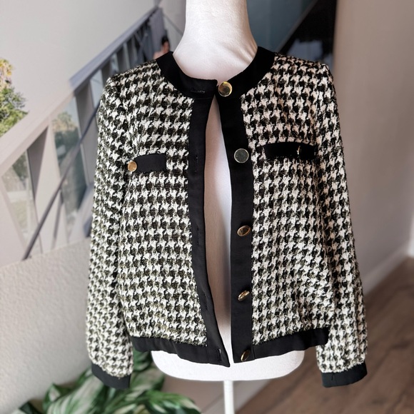 Ann Taylor Houndstooth Jacket Medium Petite Black White & Gold Metallic Shimmer! - Picture 5 of 9